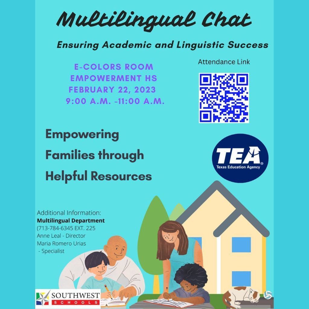 Join us for our Multilingual Chat on Wednesday, February 22, 2023, in person. 9:00 AM - 11:00 AM Vengan a nuestra Charla Multilingüe el miércoles 22 de febrero de 2023, en persona. 9:00 AM - 11:00 AM