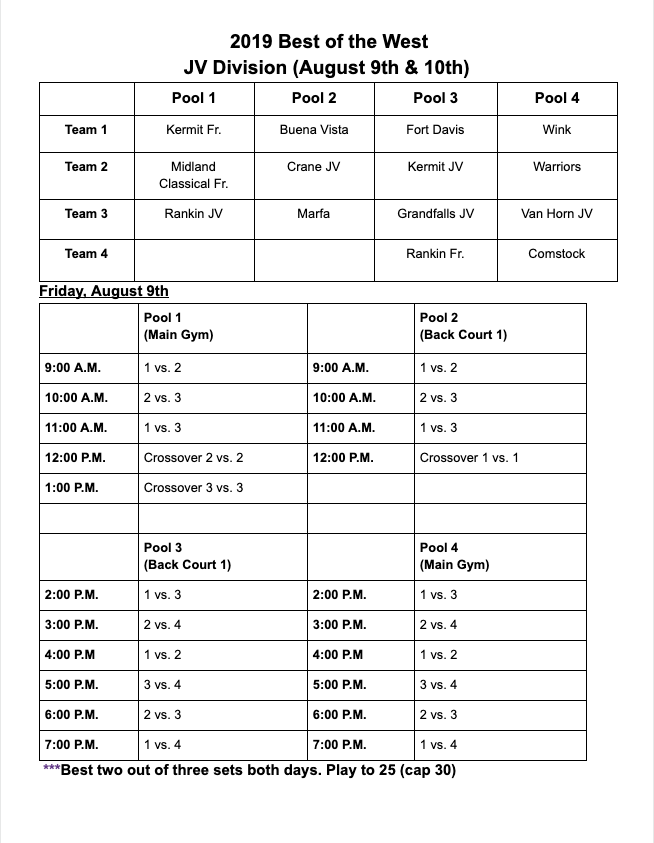 Wink JV Volleyball Schedule