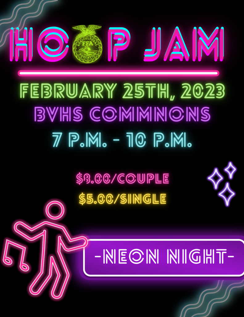 🕺Hoop Jam Dance 🕺 ALL Bureau Valley High School students, grab your best neon attire, clear your calendar and join us on February 25th for the 2023 Hoop Jam Dance! **"Out of town" dates must still complete the same paperwork that is required for Homecoming and Prom.
