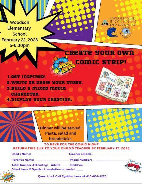 Flyer for Judy Center Comic Strip Event in English