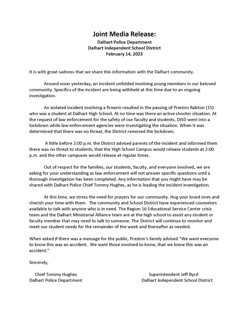 Joint Media Release:  Dalhart Police Department  Dalhart Independent School District  February 14, 2023