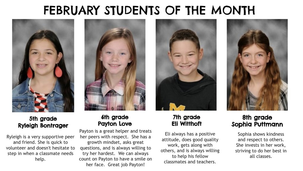 MPMS February Students of the Month: Ryleigh Bontrager, Payton Love, Eli Witthoft, Sophia Puttmann