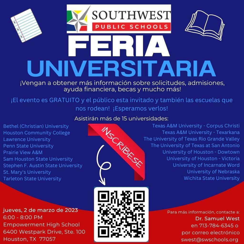 Southwest Public Schools' College Fair March 2, 2023 6 PM to 8 PM join us to learn more bout applications, admissions, financial aid, scholarships, and more! Event is FREE and opt to the public and surrounding schools. We look forward to seeing you! Over 15 institutions will be in attendance .
