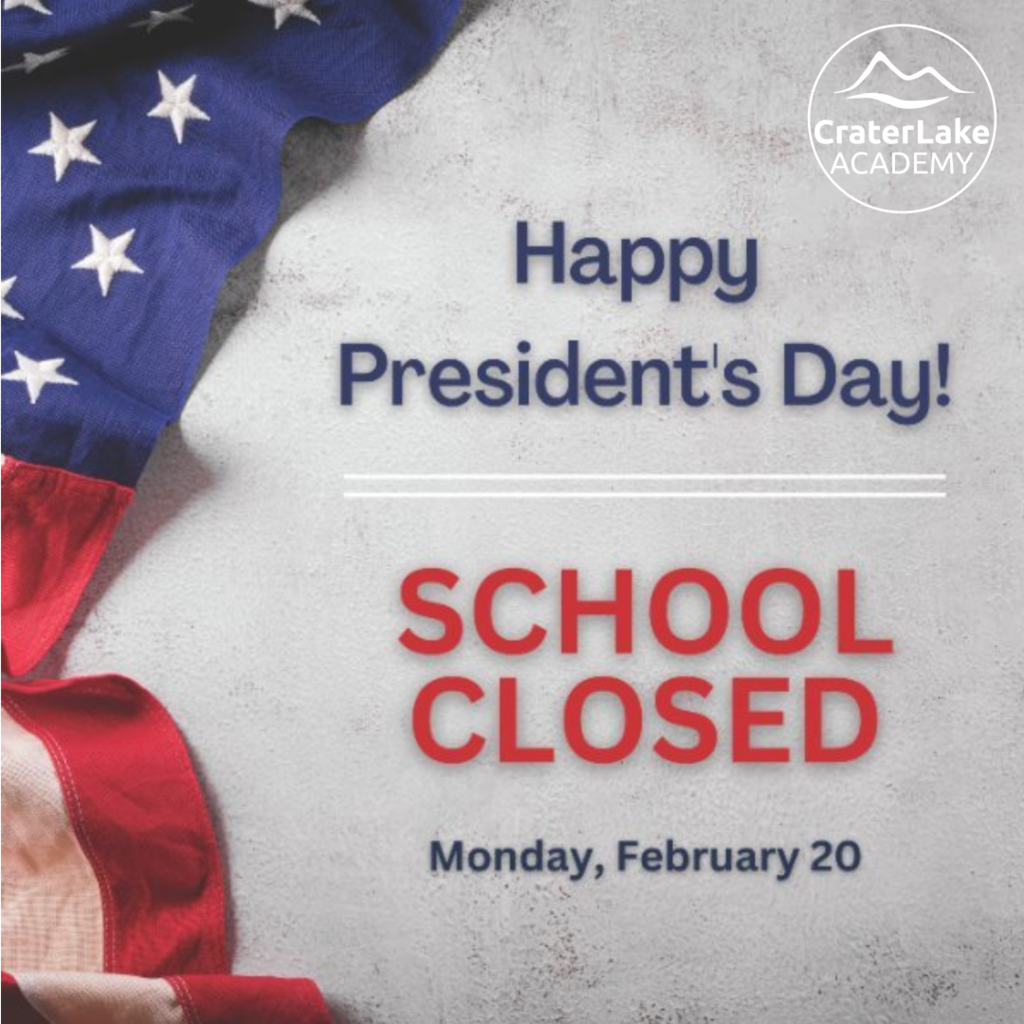 school closed for presidents day on grey background with american flag