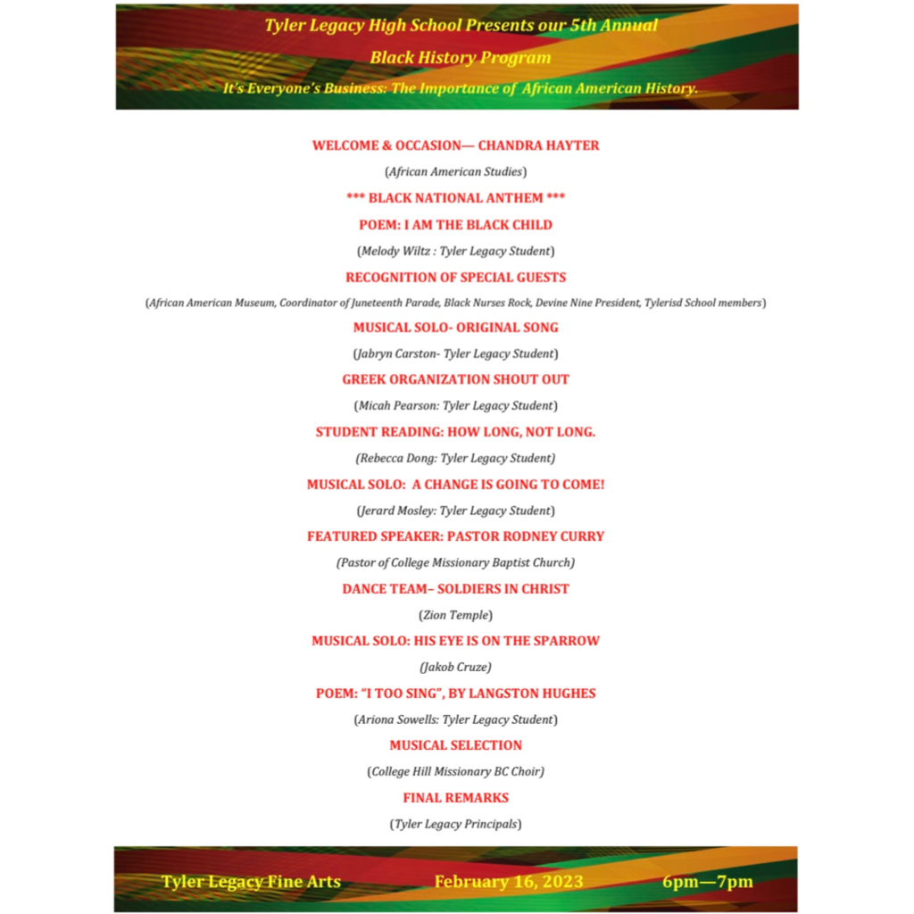 Program from Black History Month celebration at Tyler Legacy High School