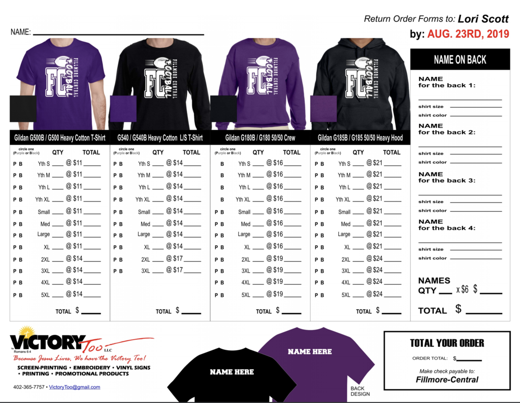 JH Football shirt order forms will be sent home today.  Orders are due August 23rd.  