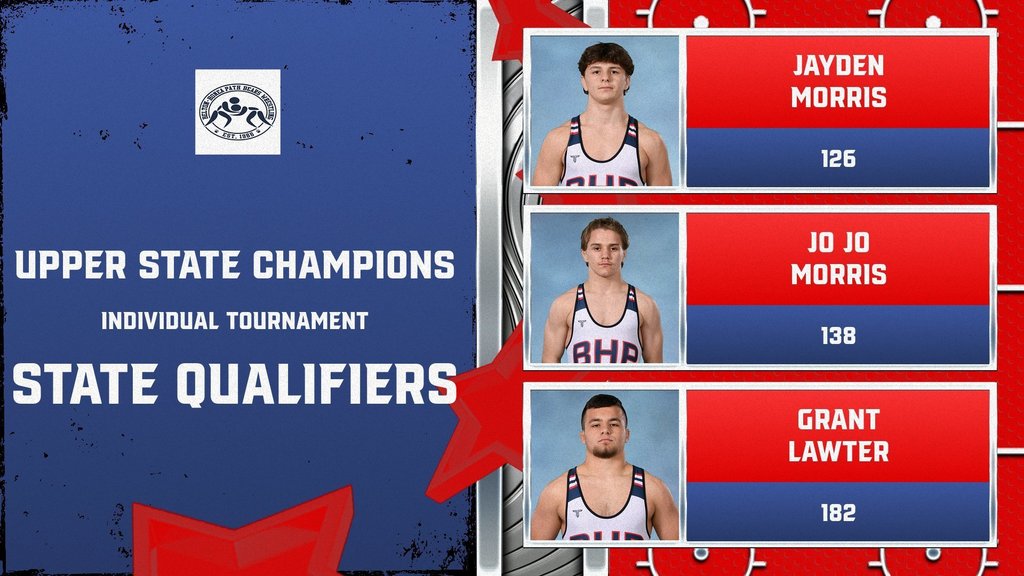 This past weekend the varsity wrestling team competed in the 3A Upper State Championships. The top 4 in each weight class move on to the State Championships this weekend at the Anderson Civic Center. We qualified 10 wrestlers, the most of any team and the most BHP has qualified in 31 years! Congratulations to the following wrestlers: 113 - Cooper Strickland (2nd) 126 - Jayden Morris (1st) 132 - Riko Cowan (4th) 138 - JoJo Morris (1st) 145 - Eli Strickland (2nd) 152 - Asher Roe (4th) 170 - Cason Young (2nd) 182 - Grant Lawter (1st) 195 - Trey Bolton (4th) 285 - Cameron Darby (4th) Also this weekend Jaylen Hughes will be competing in the first-ever girls' division at the state championship in the 120-pound weight class. Good Luck to all and GO BEARS!