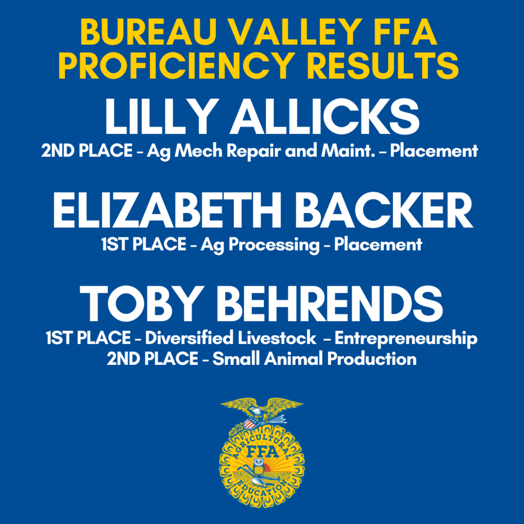 5 BV FFA Members interviewed or their IL State FFA Degree! Congratulations to these students! 6 BV FFA Members competed in the Section 3 Proficiency Competition. 4 of the members received first and will compete at the district level on March 8!