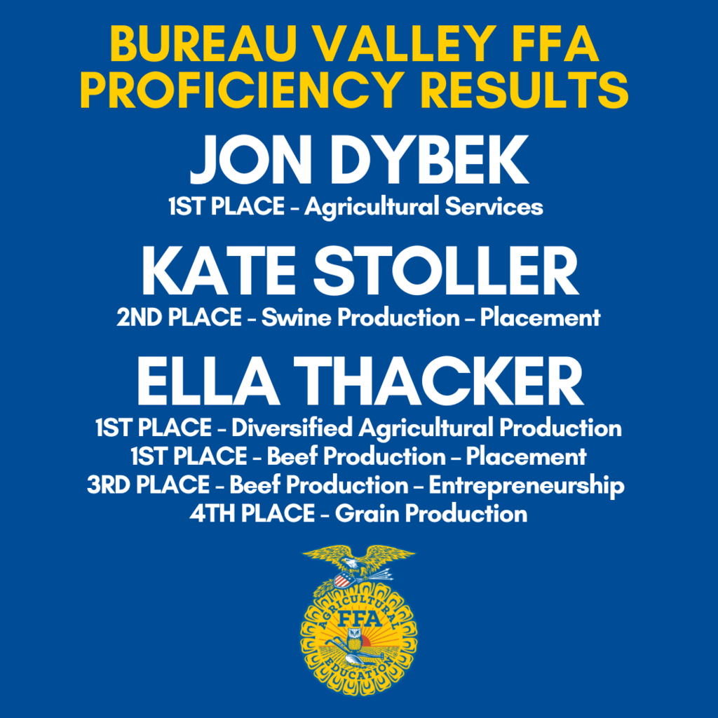 5 BV FFA Members interviewed or their IL State FFA Degree! Congratulations to these students! 6 BV FFA Members competed in the Section 3 Proficiency Competition. 4 of the members received first and will compete at the district level on March 8!