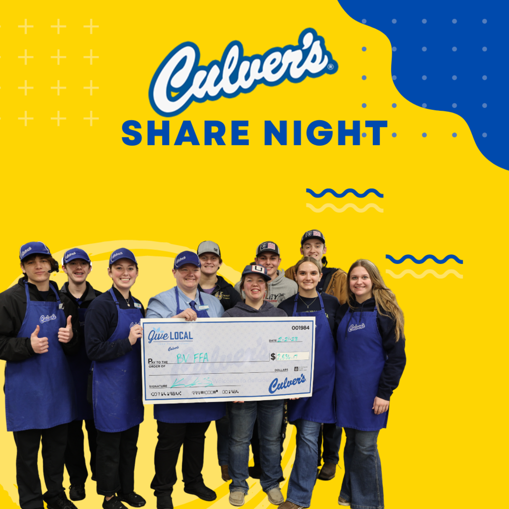 🍔 BV FFA Culver's Share Night 🍔 Princeton Culver's so kindly offered to host a Share Night for BV FFA to celebrate National FFA Week! Thank you to everyone who made it out to benefit the FFA! A special thank you to Culver's for their continued support of our FFA program and the agriculture industry. We intend to take the donated funds and make a pollinator and native grasses area!