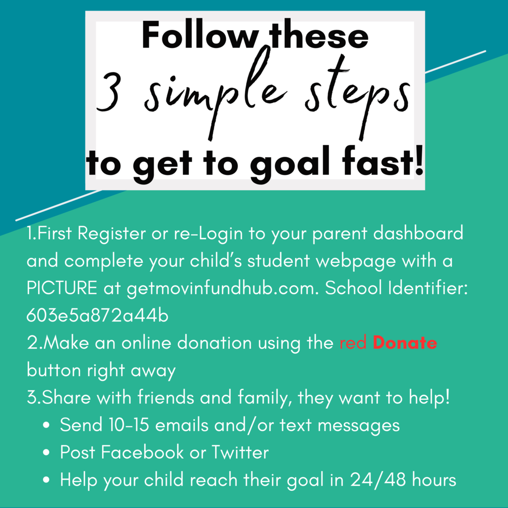.First Register or re-Login to your parent dashboard and complete your child’s student webpage with a PICTURE at getmovinfundhub.com. School Identifier: 603e5a872a44b 2.Make an online donation using the red Donate button right away 3.Share with friends and family, they want to help! Send 10-15 emails and/or text messages Post Facebook or Twitter Help your child reach their goal in 24/48 hours