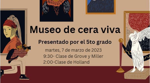 person taking picture of art advertising the 5th grade Living Wax Museum in Spanish