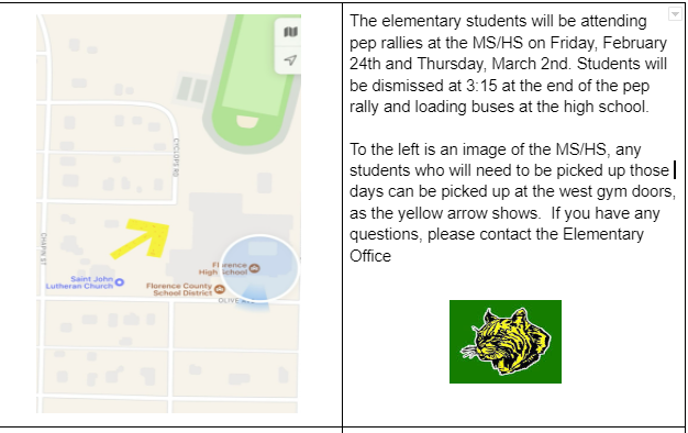 Elementary Students will attend pep rallies at the MS/HS on Friday, February 24th, and Thursday, March 2nd. Students will be dismissed at 3:15 and loading busses at the High School. The attached image is of the MS/HS campus. Any student that is a parent pickup those days can be picked up at the west side gym entrance, which is indicated by the yellow arrow on the image. If you have an questions please contact the Elementary Office