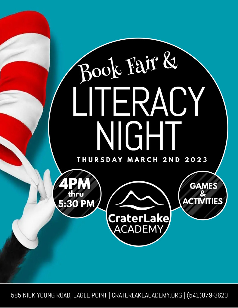 Book fair and Literacy Night at CLA on background with Dr Seuss' hat
