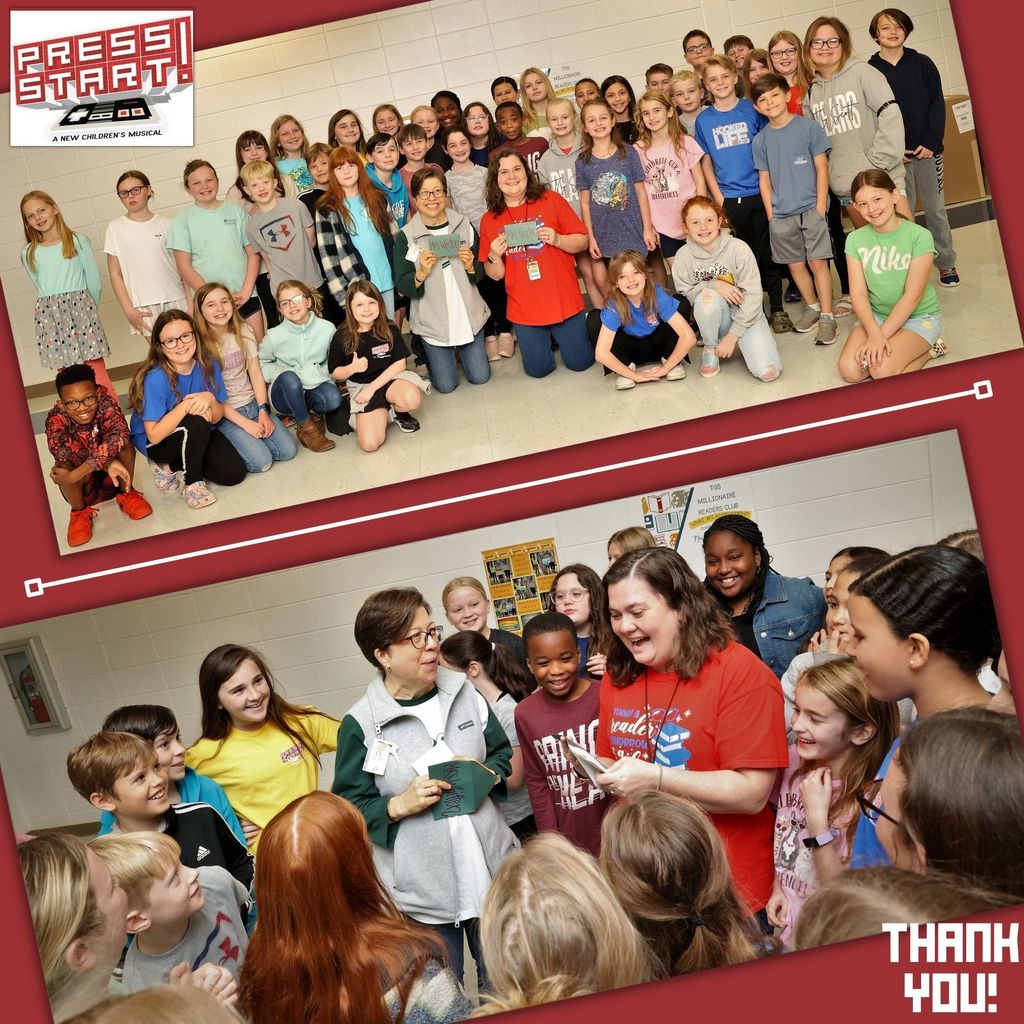 cast & crew of press start gave Mrs. Whitten and Mrs. Hunter gift cards as a thank you