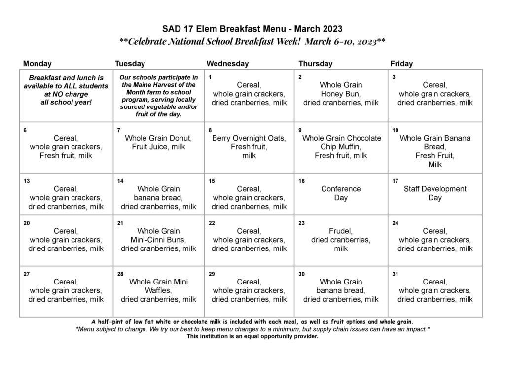 March Breakfast Menu