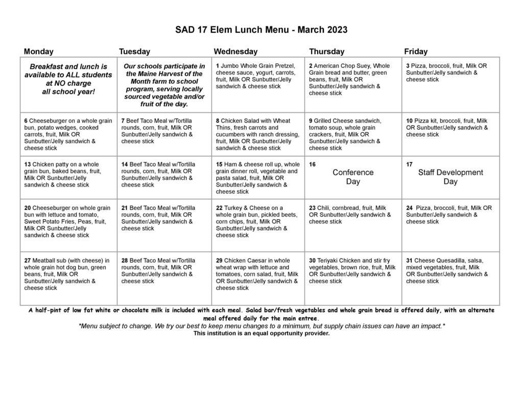 March Lunch Menu