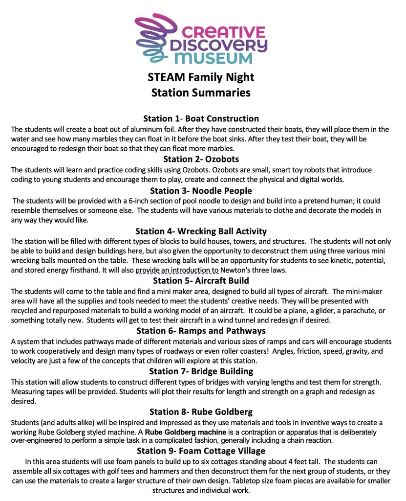 Creative Discovery Stations Summary Flyer