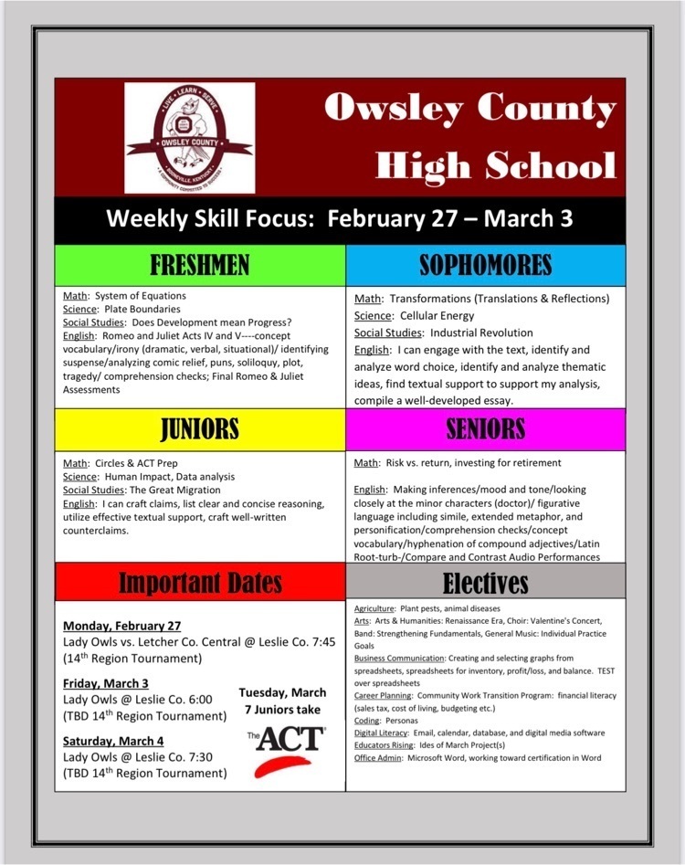 OCHS Weekly Skill Focus
