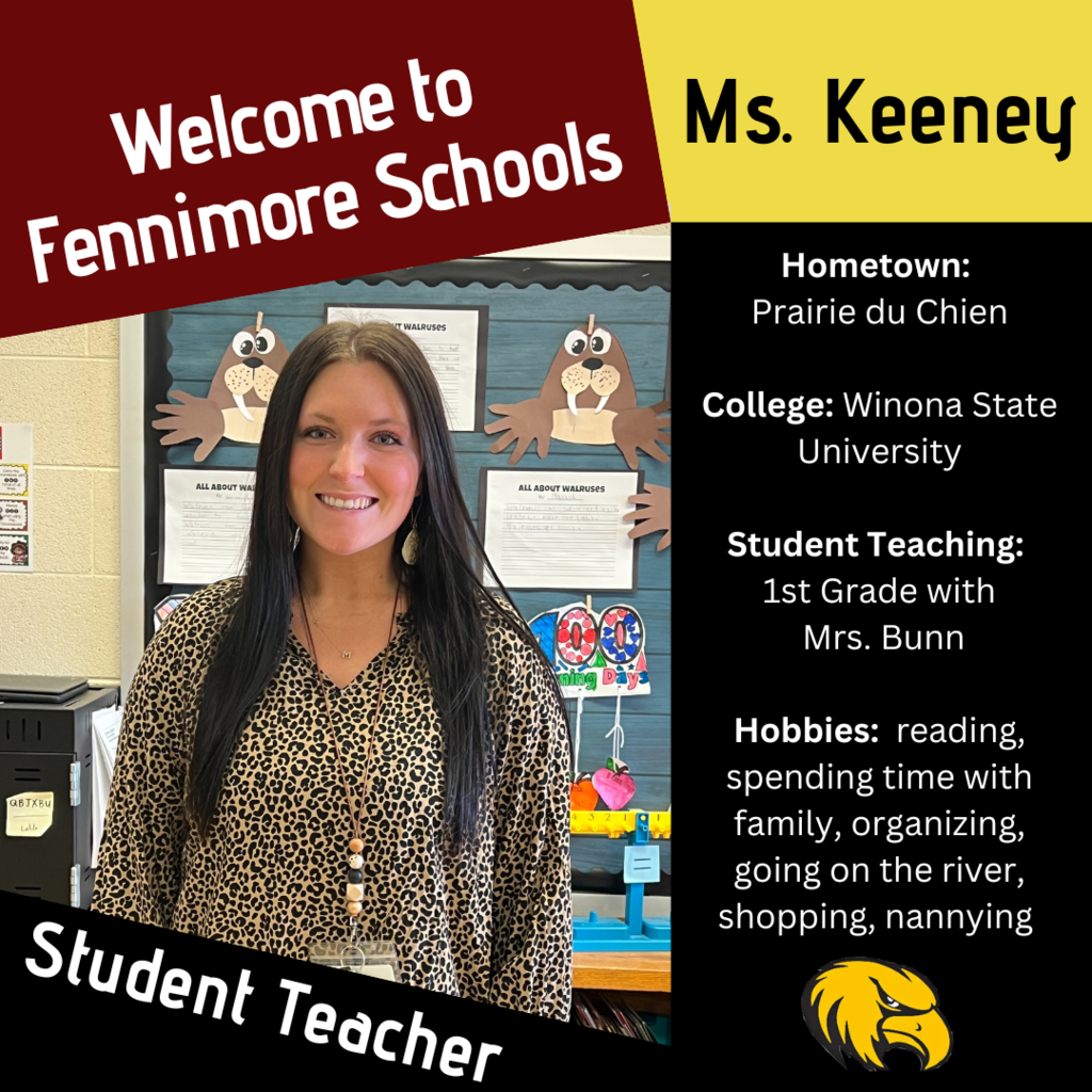 a picture of Ms. Keeney, student teacher in Mrs. Bunn's first grade with welcome to fennimore text.