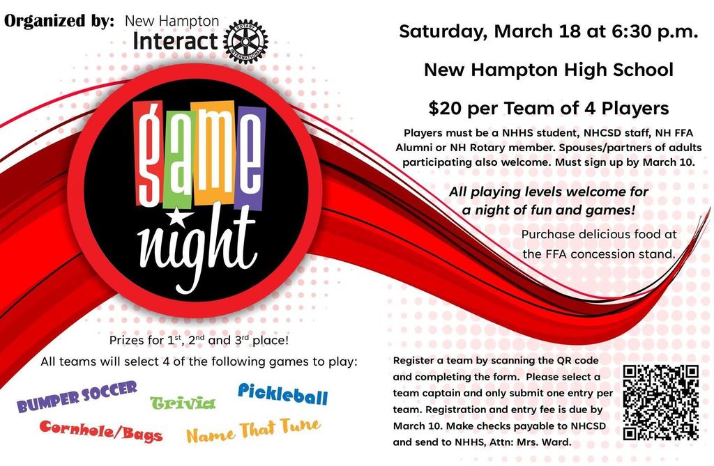 Join the Fun!! Interact Club is sponsoring a Game Night on Saturday, March 18 beginning at 6:30pm. Cost is only $5 per person for a team of 4 or $20 per team. Prizes for the top three places and Fan Favorite. We are fundraising for the club to be able to continue to make an impact on the lives of the community and beyond. Thank you for your support!