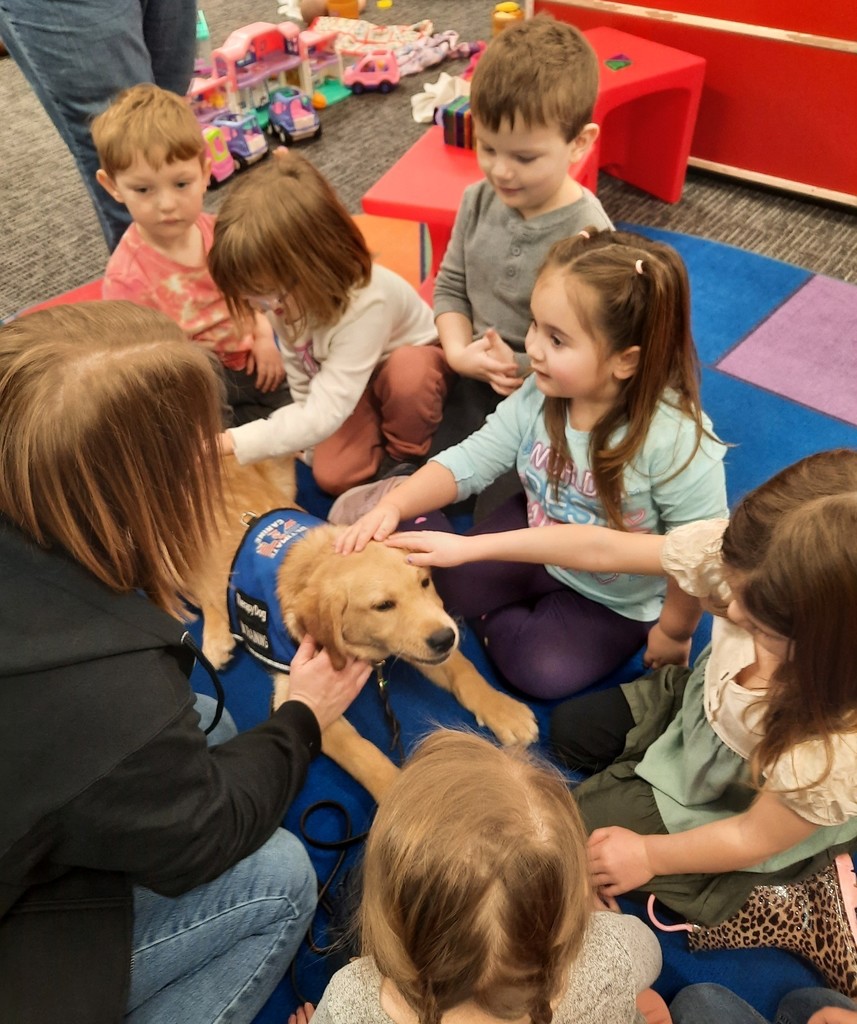 Preschool students pet Golden Retiever