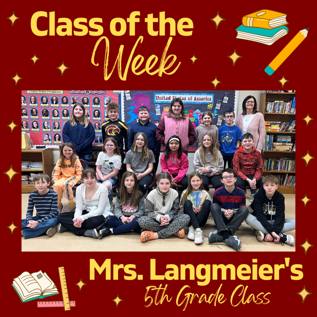 Class picture of Mrs. Langmeier's 5th grade class for class of week with students lined up in rows posing for a picture.