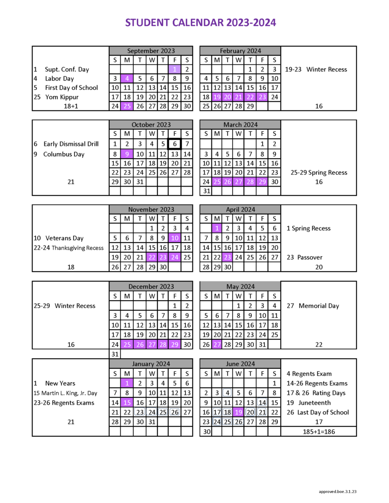 image of student calendar for 2023-2024