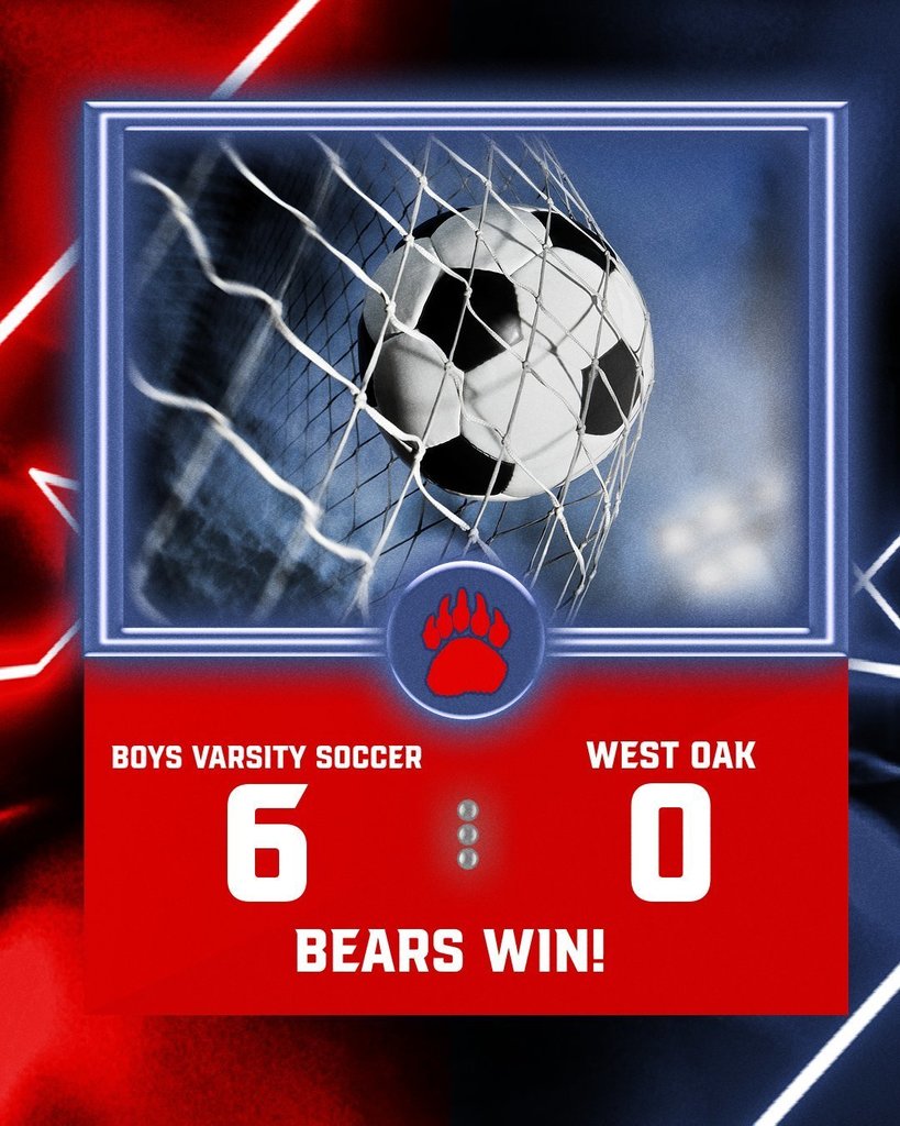 Congratulations to our Boys Varsity Soccer team on their win vs. West-Oak tonight. Scoring goals were, Jonathan Parra, Carson Dyar, Pedro Jiminez, Gabrielle Solazzo, and Hunter Saylors. Go Bears!