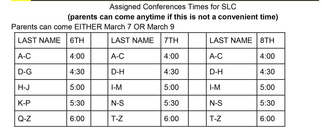 Student Led Conference Times