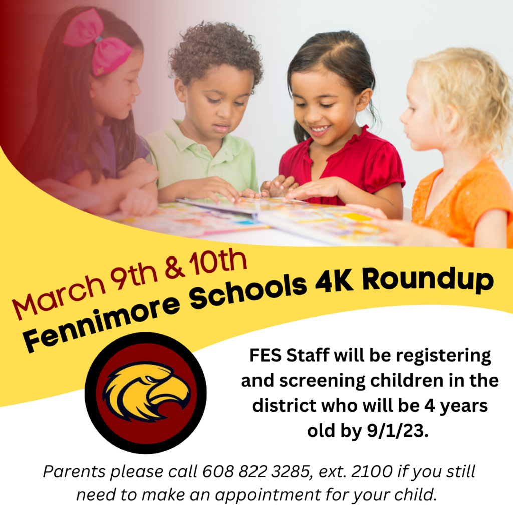 March 9 and 10th Fennimore Schools roundup with a picture of kids playing and the Fennimore Eagle logo.