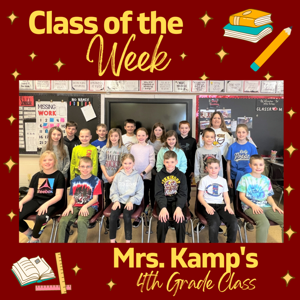 Class of the week - Mrs. Kamps 4th grade class with a picture of them lined up in rows