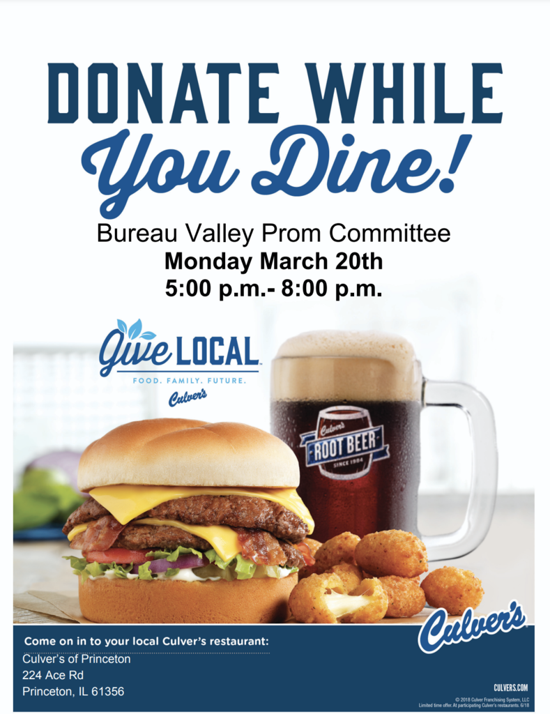 Please join us at Culver's in Princeton to support the Junior Class & Prom on March 20, 2023 from 5:00 PM - 8:00 PM. We would love your support!