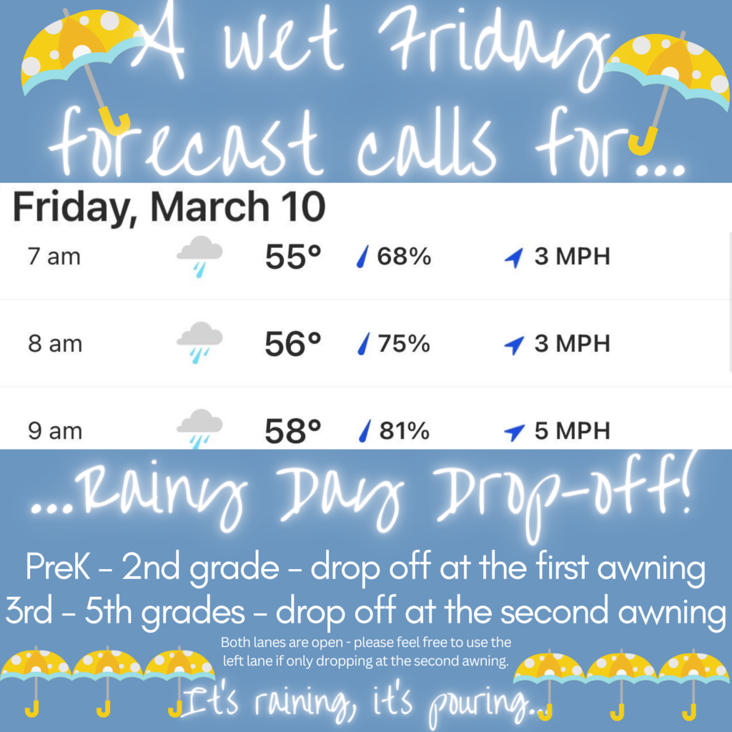 A wet Friday forecast calls for rainy day dropoff - PreK - 2nd grade - drop off at the first awning. 3rd - 5th grades - drop off at the second awning. Both lanes are open - please feel free to use the left lane if only dropping at the second awning.