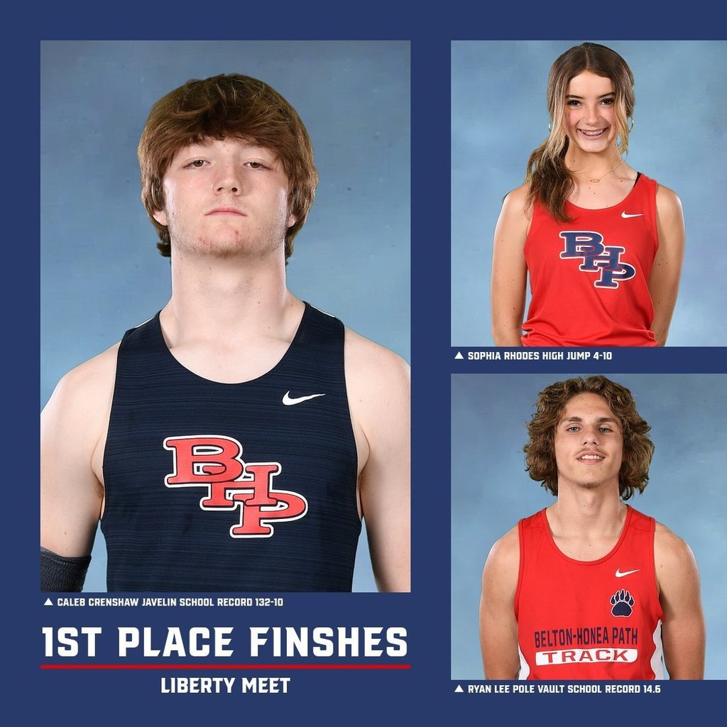 Congratulations to all of our track athletes on a great showing at the Liberty meet last night. Especially to those who won their events. Those winning events were: Caleb Crenshaw Javelin 132-10 SR Ryan Lee Pole Vault 14-6 SR Sophia Rhodes High Jump 4-10 4X1 Team 44.68 (Not pictured) Quay Alexander Jordan Johnson Malaki Hester Marquise Henderson. Go Bears!
