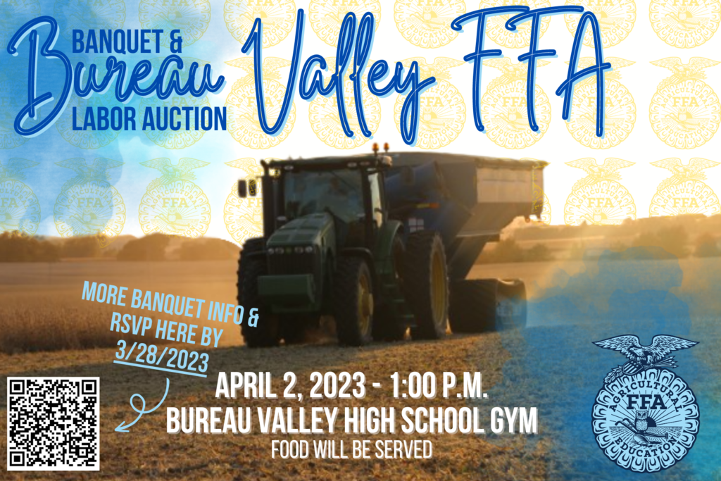 ⭐ Bureau Valley FFA Banquet & Labor Auction ⭐ ⭐ Why did the pickle have so much fun at the FFA Banquet? Because it RELISHED every minute! Come relish the Bureau Valley FFA Banquet with members, parents, and more April 2nd at 1:00 P.M. The banquet will be held in the Bureau Valley High School Gym(Storm Cellar) along with a meal, dessert, and refreshments. Following the banquet will be the labor auction where individuals and businesses can purchase 8 hours of hard work from members and advisors! ⭐ We hope to see everyone on April 2nd to celebrate our accomplishments! Please RSVP by March 28 using the link below! https://docs.google.com/forms/d/e/1FAIpQLSdCbnTmPW1XxbAKEvf9bc_BpYJJbsXT0jJ4pidTb1IKgEy6NQ/viewform?usp=sf_link