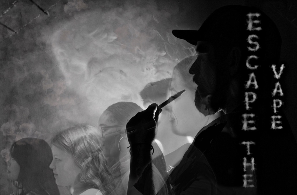 superimposed photos of progressively shorter and younger children in the shadow of an older man holding an electronic cigarette, blowing vapor into the air with vertical text that reads "ESCAPE THE VAPE" - art by WHS 11th grade student Madison M.