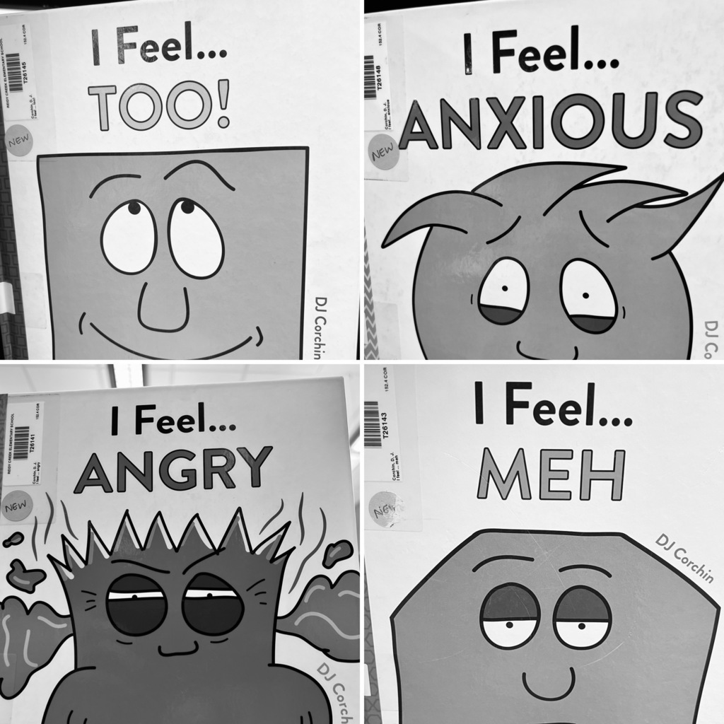 images of four book covers that say, I Feel Too!, I Feel Anxious, I Feel Angry, I Feel Meh