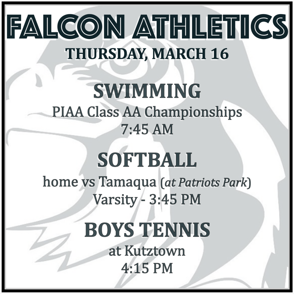 SWIMMING at PIAA Class AA Championships: 7:45 AM.  SOFTBALL home vs Tamaqua (at Patriots Park):  Varsity 3:45 PM.  BOYS TENNIS at Kutztown: 4:15 PM.