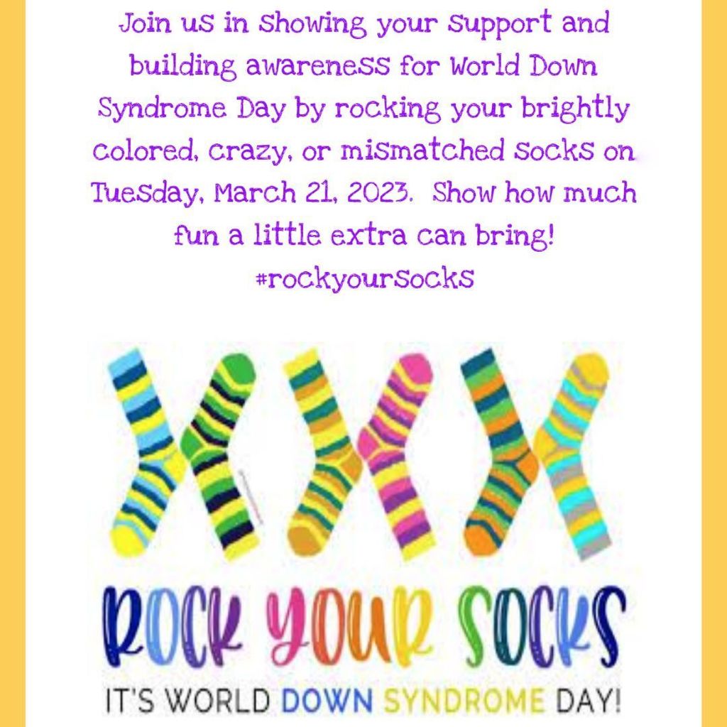 join us in showing your support and building awareness for World Down Syndrome Day by rocking your brightly colored, crazy, or mismatched socks on Tuesday, March 21, 2023. Show how much fun a little extra can bring! #rockyoursocks