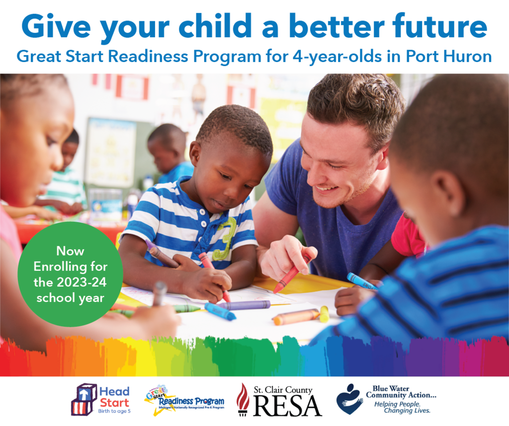 A teacher and students coloring and an announcement to enroll in preschool for the 23-24 school year