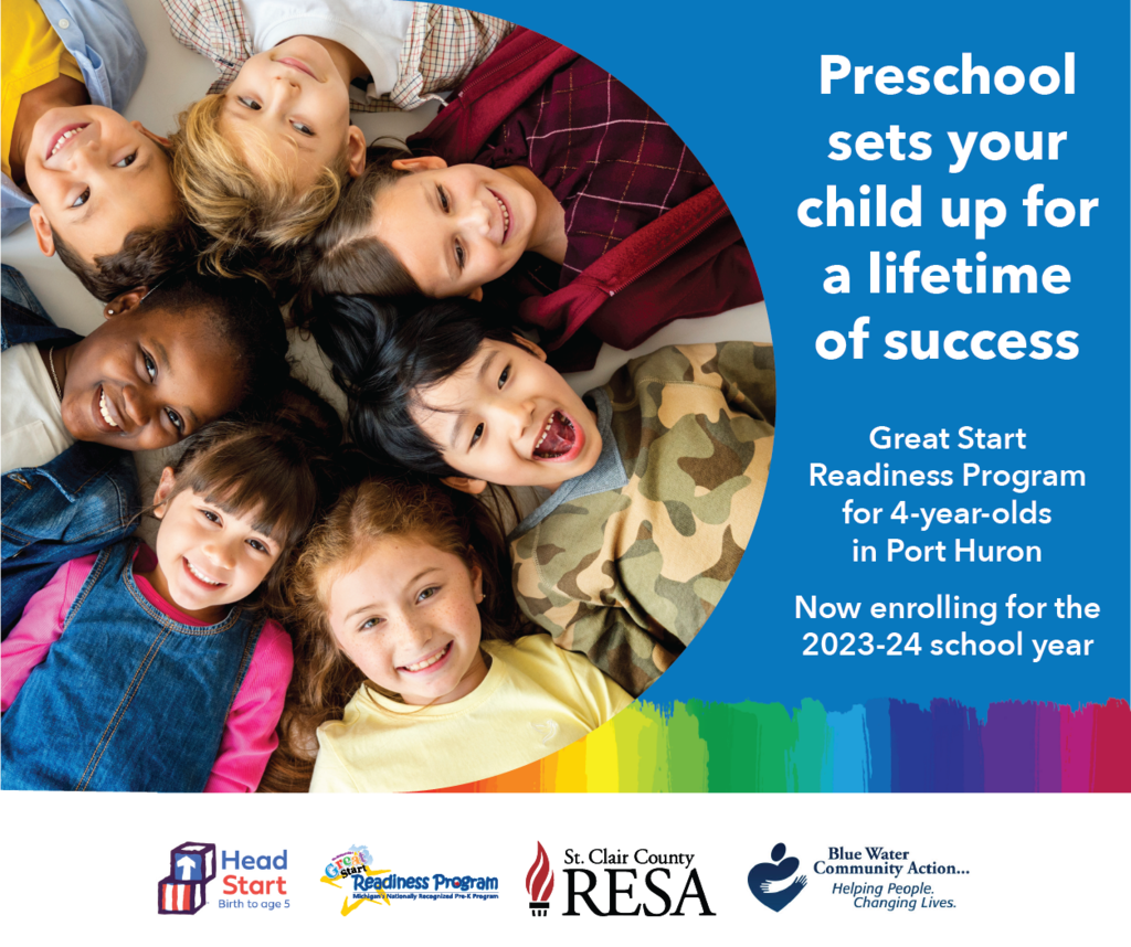 Preschool students laying with their heads touching and they are smiling text announces enrollment for the 23-34 school year