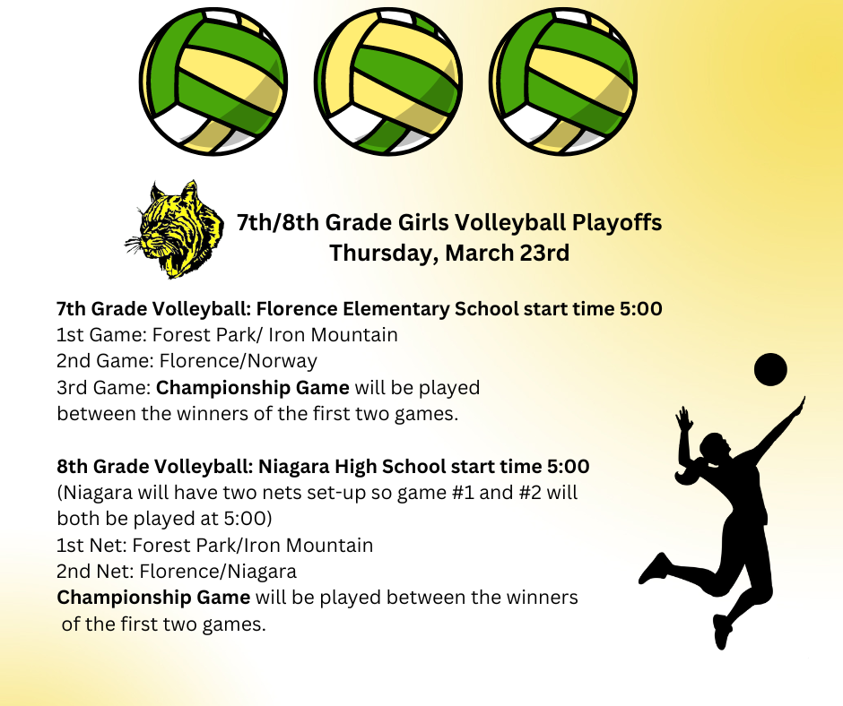 7th/8th Grade Girls Volleyball Playoffs Thursday, March 23rd 7th Grade Volleyball: Florence Elementary School start time 5:00 1st Game: Forest Park/ Iron Mountain 2nd Game: Florence/Norway 3rd Game: Championship Game will be played between the winners of the first two games. 8th Grade Volleyball: Niagara High School start time 5:00 (Niagara will have two nets set-up so game #1 and #2 will both be played at 5:00) 1st Net: Forest Park/Iron Mountain 2nd Net: Florence/Niagara Championship Game will be played between the winners of the first two games.