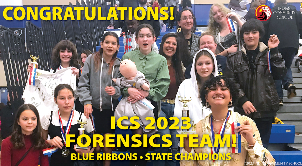 ICS Forensics Team - 9 students plus teachers and parent holding blue ribbons and trophies.