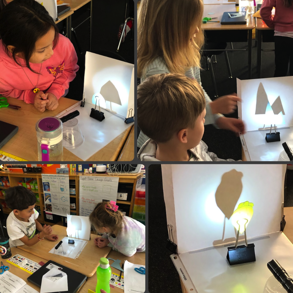4 images of students working on science project that project light against a paper cutout object.