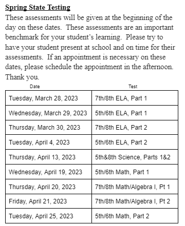 Table listing upcoming SMS State Testing Dates 2023