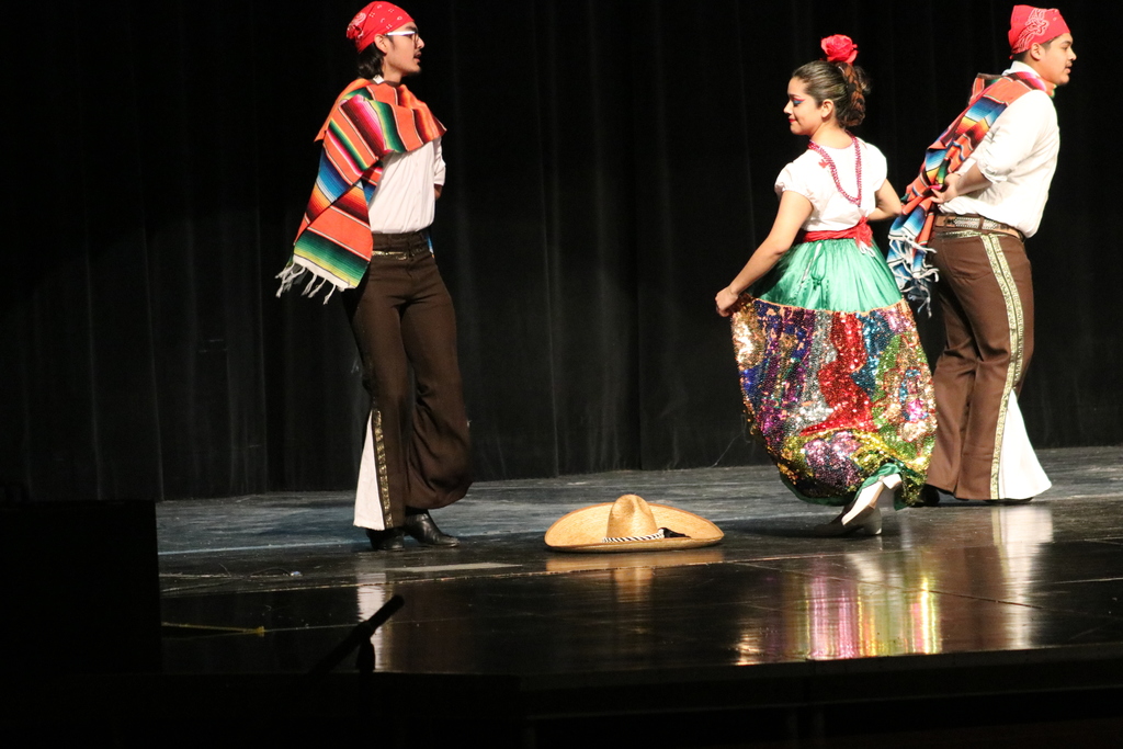 Members of a Mexican dance troupe perform at THS.