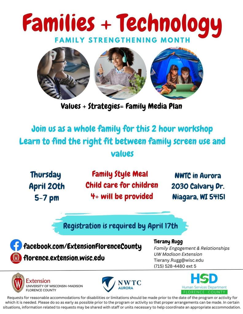 Join UW Extension as a whole family for this two-hour workshop to learn how to find the right fit between family screen use and values. Thursday, April 20th 5-7 pm NWTC in Aurora 2030 Calvary Dr. Niagara, WI 54151 A family-style meal and child care for children 4+ will be provided. Register Here: https://forms.gle/Da74tLAwFuQYZihQ6