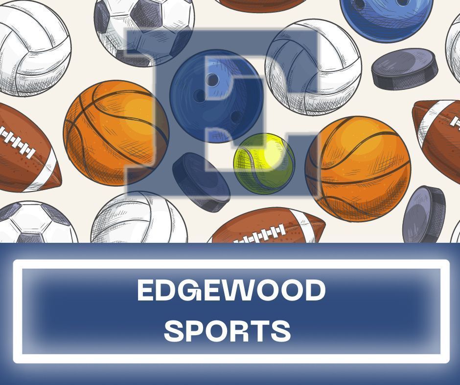 Edgewood Sports graphic with block e and various sports balls e