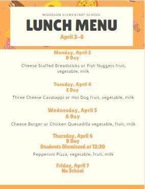 Lunch menu for the week